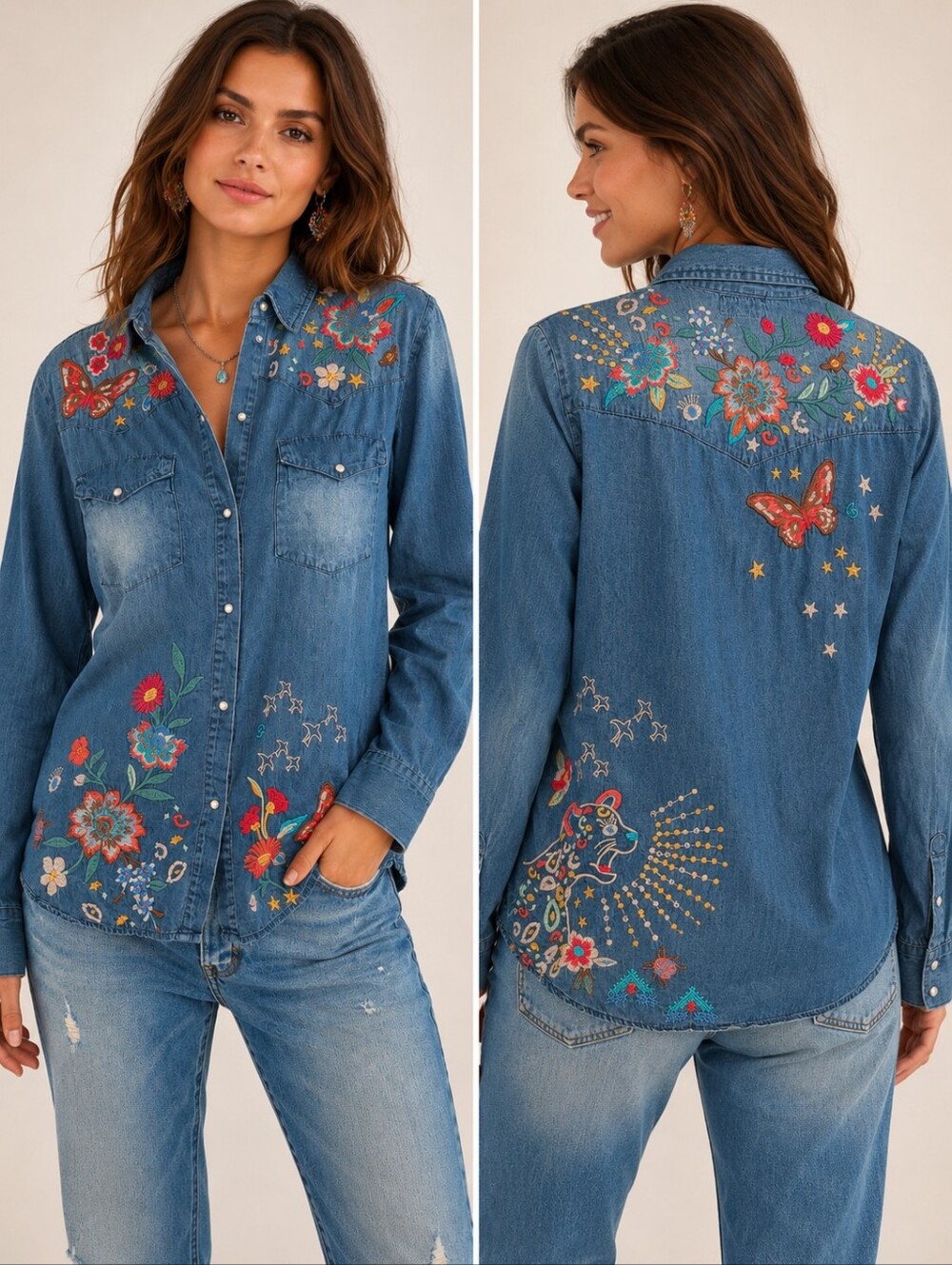 Johnny Was Workshop Embroidered Denim Western Button Front Shirt Medium Boho